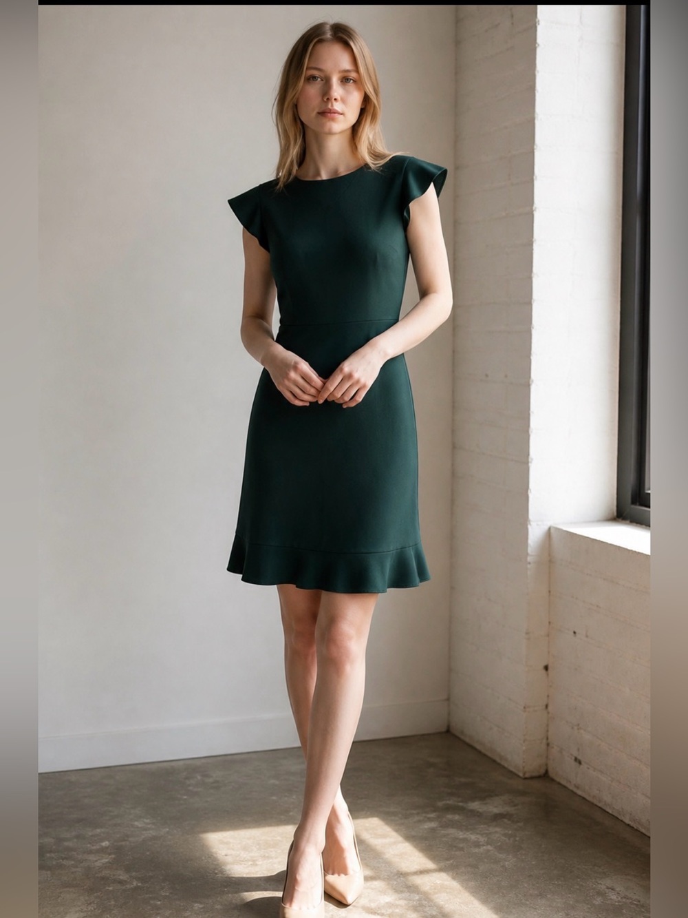 Ann Taylor LOFT Flutter Sleeve Ruffle Flounce Knee Length Dress Green SZ 2P